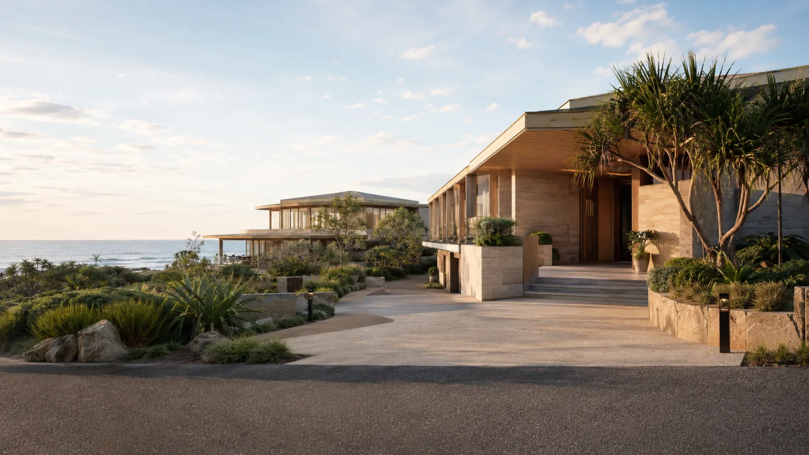 The arrival court at Roy Coast, a pale-sandstone resort above the beach with the ocean beyond