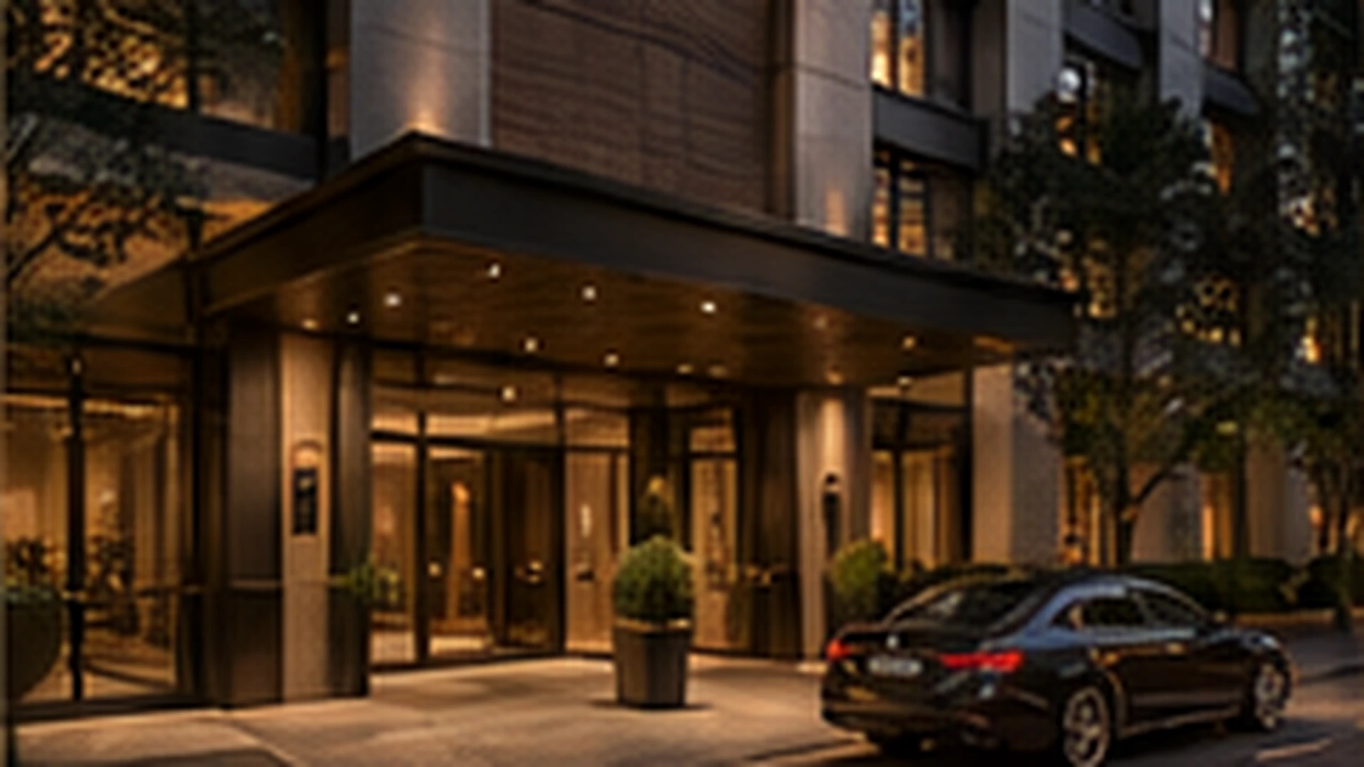 The porte-cochere arrival at Roy Grand Sydney in warm evening light, a car at the entrance