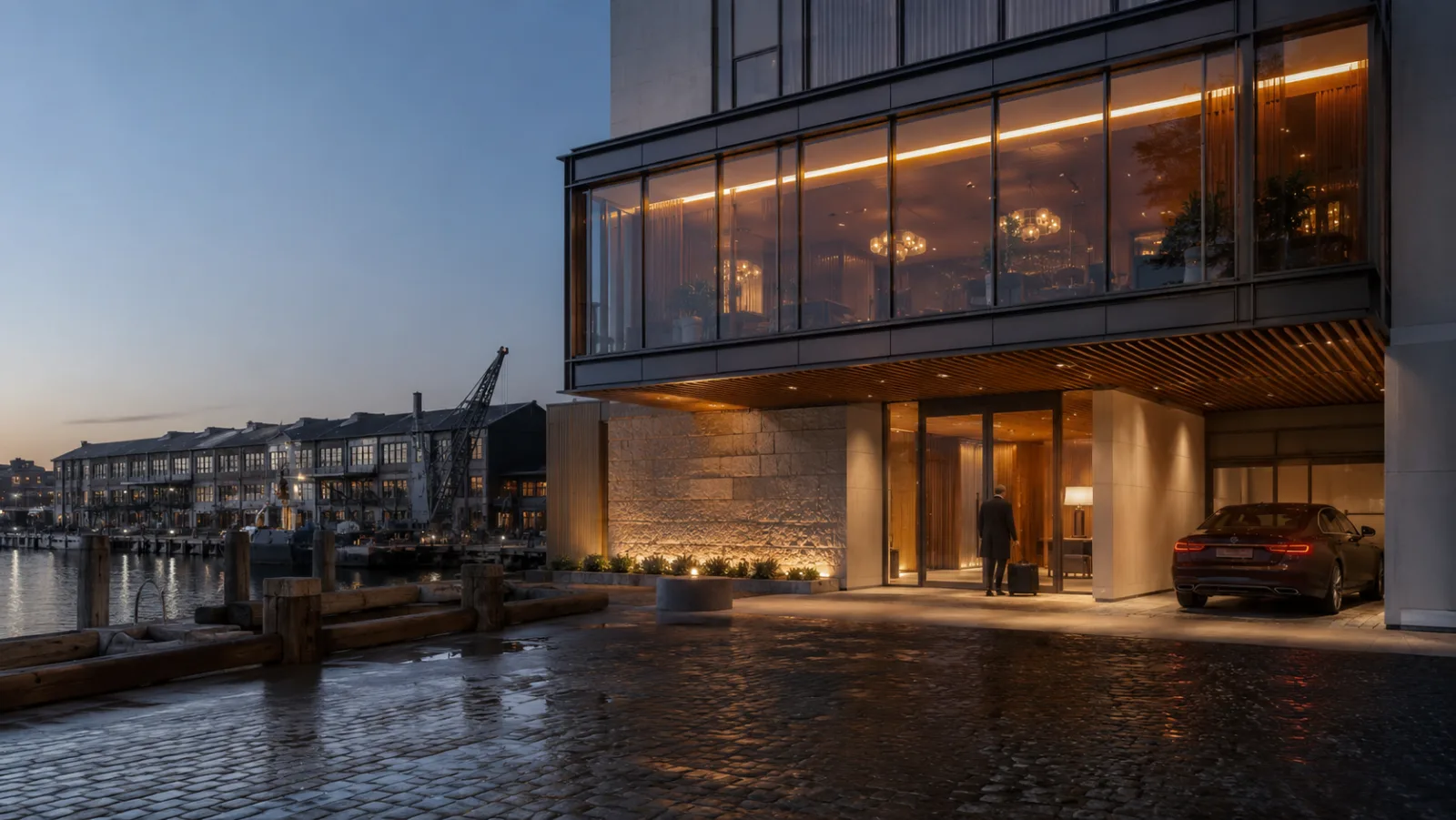 The harbour-edge arrival at Roy Harbour, Walsh Bay, at dusk with a car at the entrance and the wharves beyond