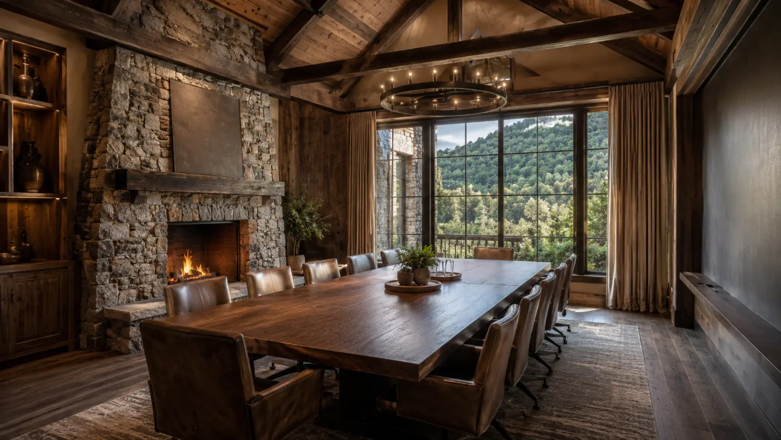 The fireside meeting room at Roy Hinterland, a long table before a stone hearth with a hinterland view