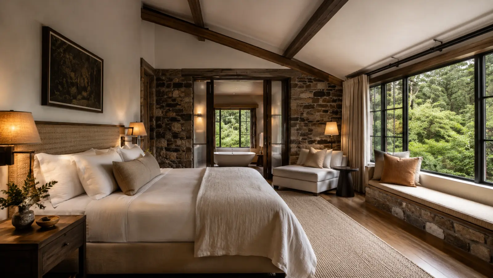 A large stone-walled guest room at Roy Hinterland with exposed timber beams and a forest view